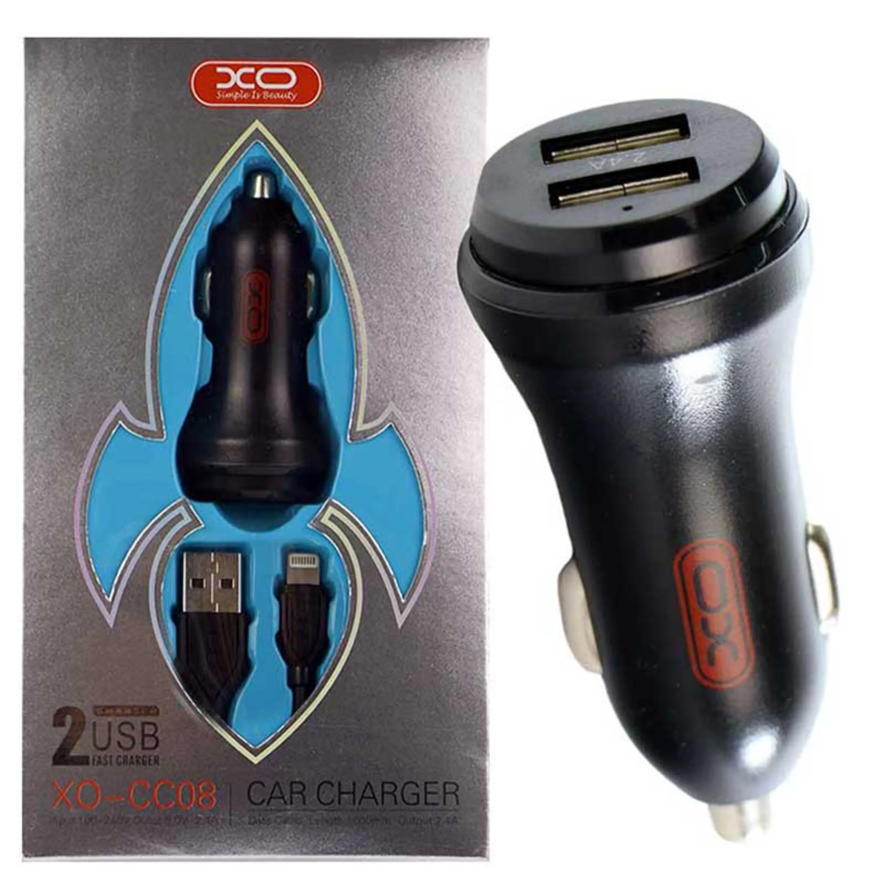 شارژر فندکی XO CC08 2Port 2.4A + کابل آیفونی شارژر فندکی XO CC08 2Port 2.4A + کابل آیفونی