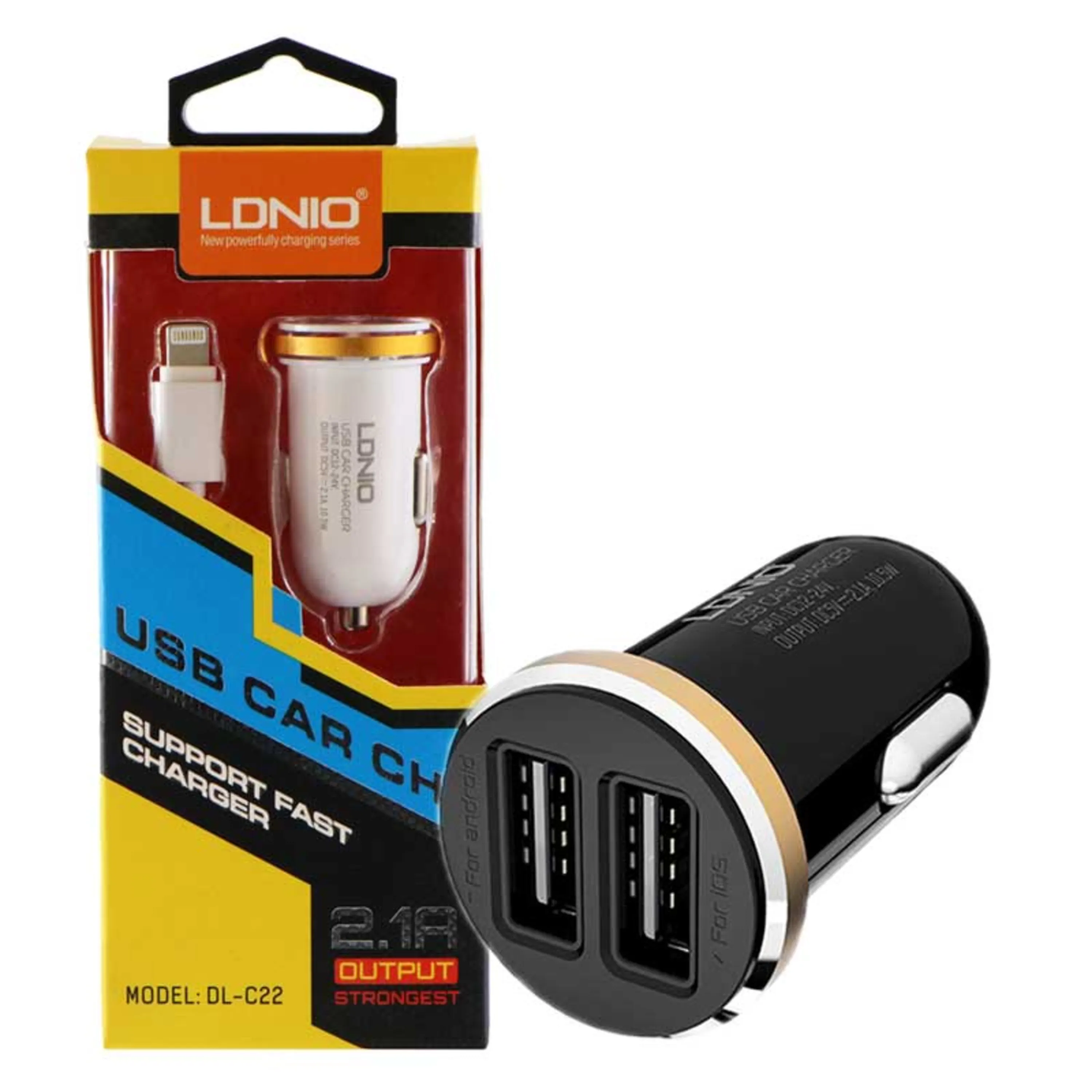 شارژر فندکی LDNIO DL-C22 2.1A + کابل آیفونی شارژر فندکی LDNIO DL-C22 2.1A + کابل آیفونی