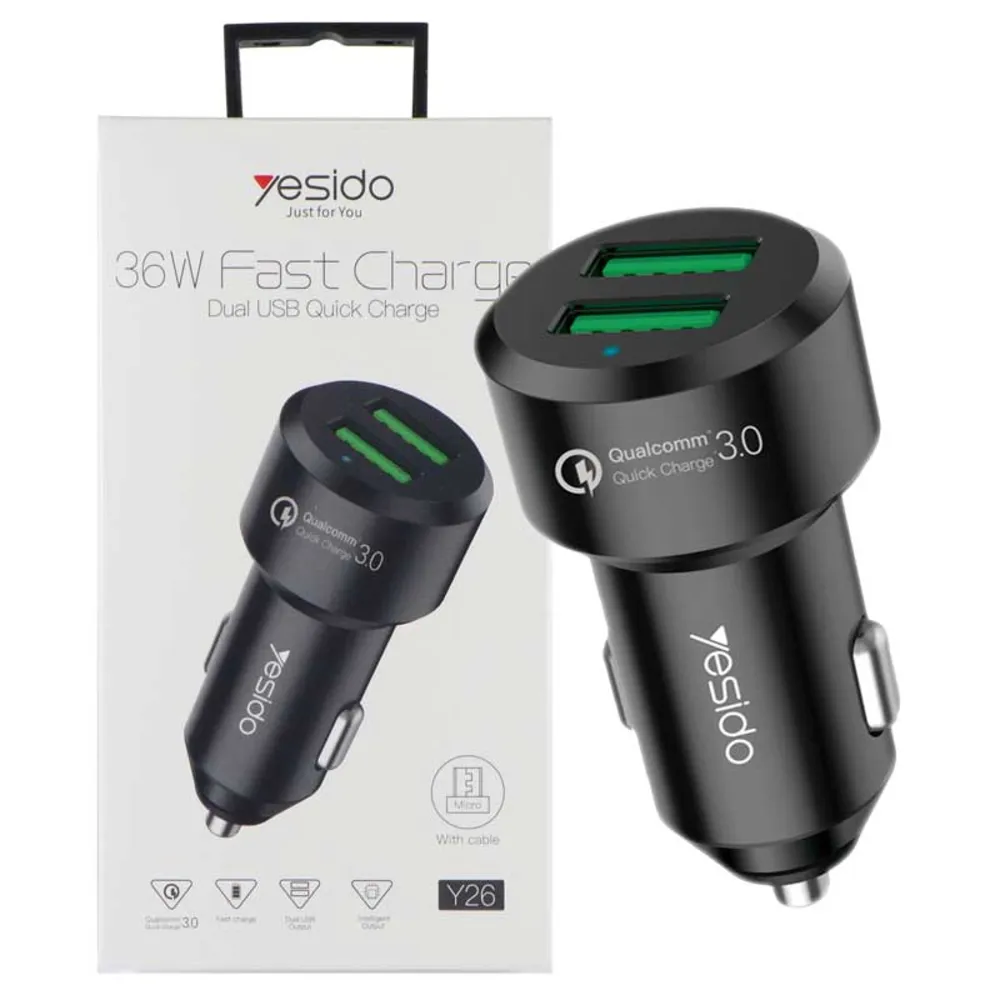 شارژر فندکی فست شارژ Yesido Y26 QC3.0 + کابل میکرو یو اس بی