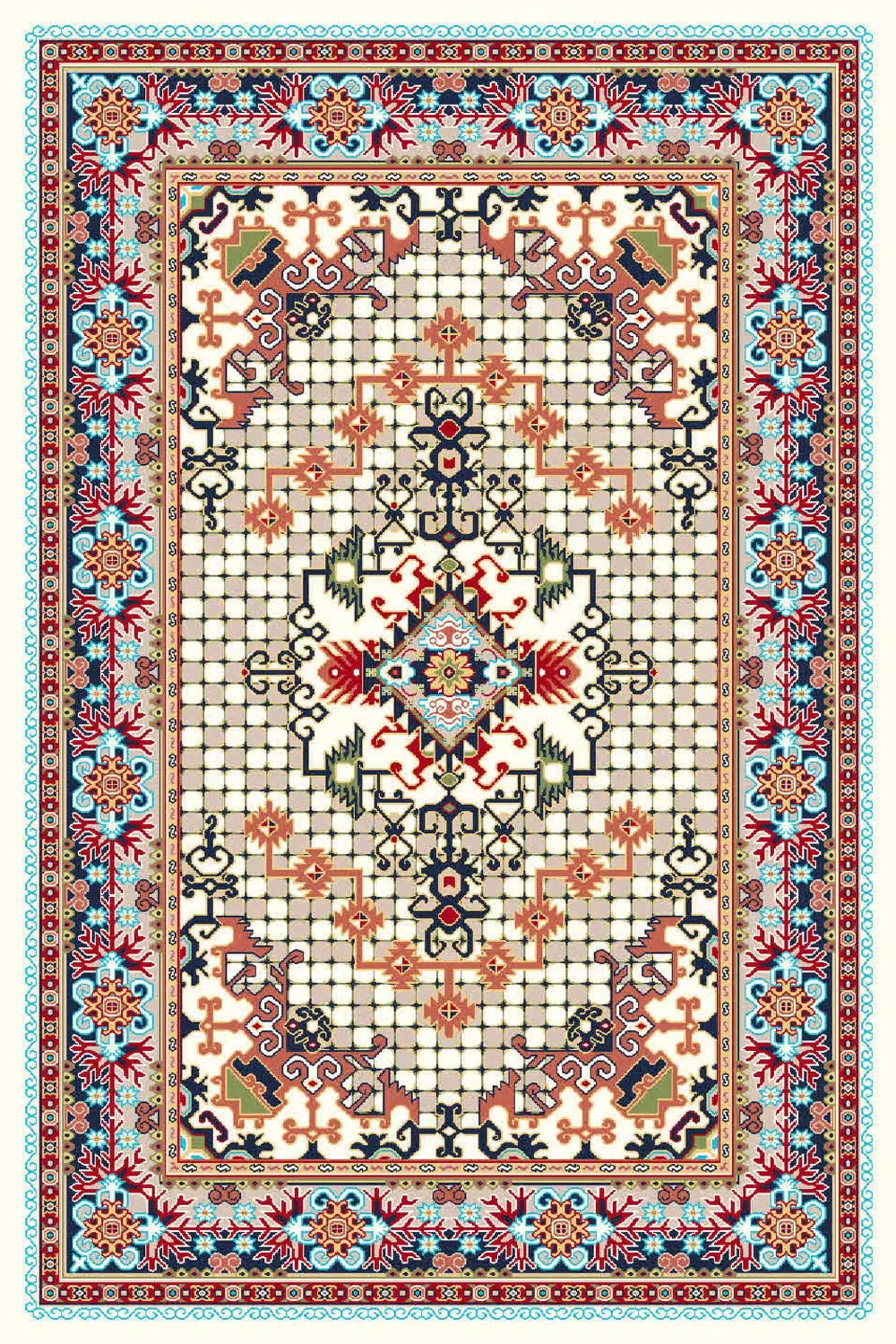 فرش ساوین طرح حوض کاشی کرم کلکسیون شاهسون